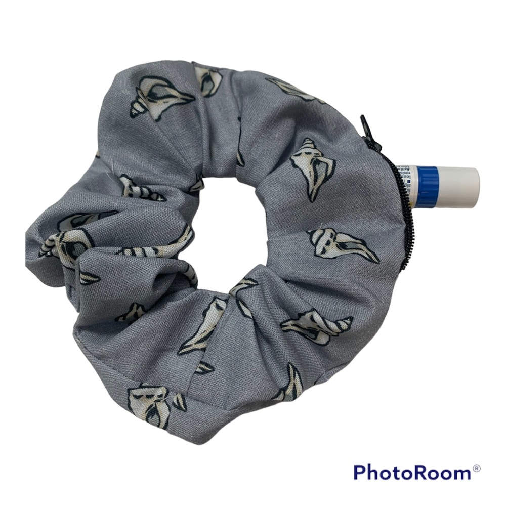 Grey seashells zipper hair scrunchie hand made USA portrait cotton rare print